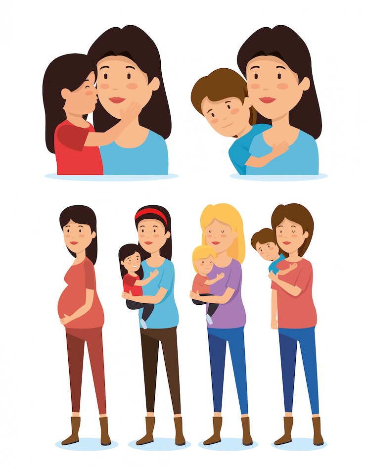 Vector gratuito establecer mujeres madres con hijo e hija