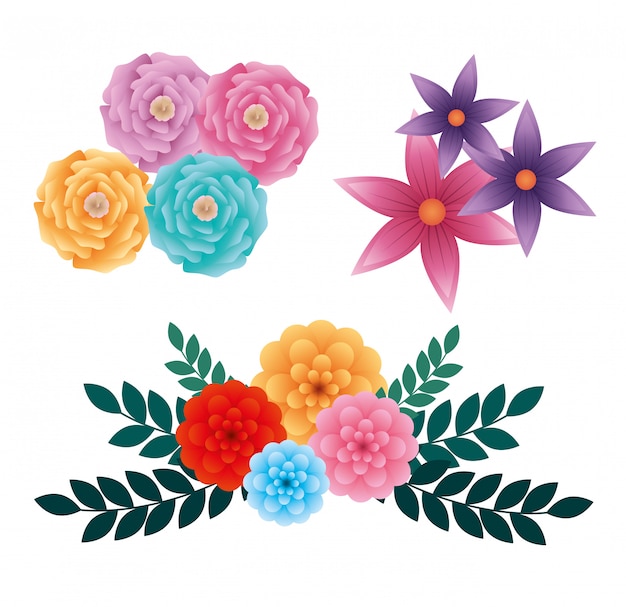 Establecer rosas exóticas y flores con hojas