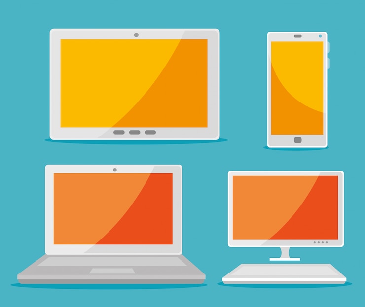 Vector gratuito establecer tableta con teléfono inteligente y computadora portátil con tecnología informática