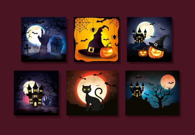 Establecer tarjetas con escenas de halloween