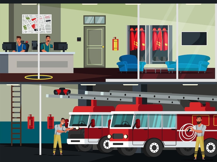 Vector gratuito estación de bomberos del departamento de bomberos interior del edificio de dos pisos bomberos en uniforme profesional y operadores de servicios de emergencia personajes trabajando