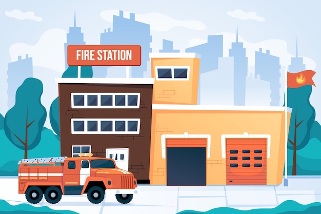 Estación de bomberos de diseño plano dibujado a mano