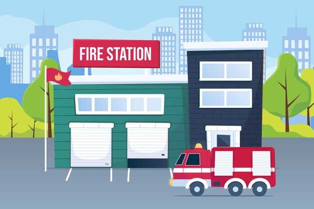 Estación de bomberos de diseño plano dibujado a mano
