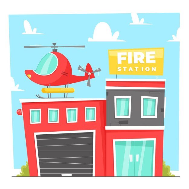 Estación de bomberos de diseño plano dibujado a mano