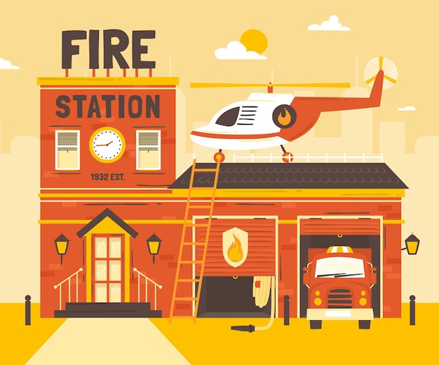 Estación de bomberos de diseño plano dibujado a mano
