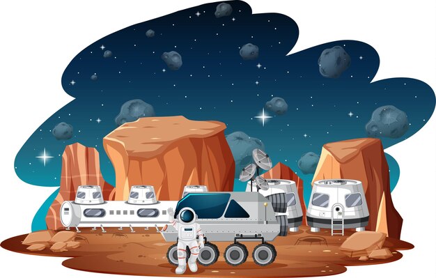 Estación espacial en el planeta con astronauta.