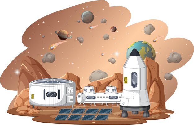 Estación espacial en el planeta con nave espacial