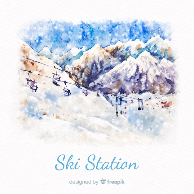 Estación de esquí en acuarela