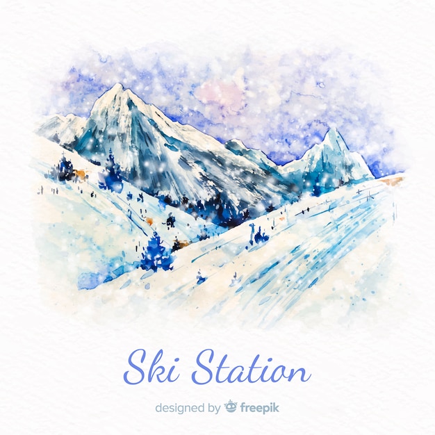 Estación de esquí en acuarela