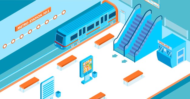 Estación de metro vacía con escaleras mecánicas de tren que llegan, cabina de policía y mapa isométrico 3d