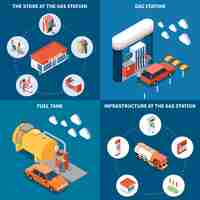 Vector gratuito estación de servicio con objetos de infraestructura, incluido el tanque de combustible y el concepto de diseño isométrico de la tienda aislado ilustración vectorial