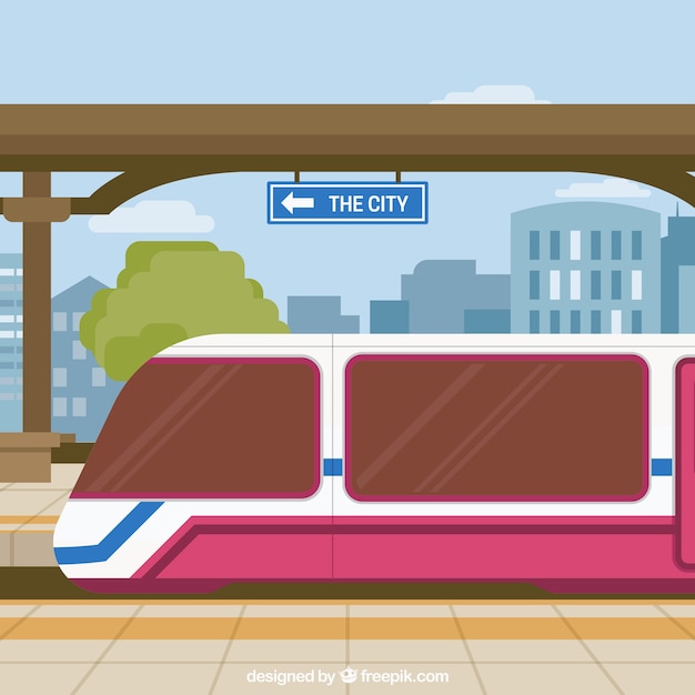 Vector gratuito estación de tren con edificios de fondo