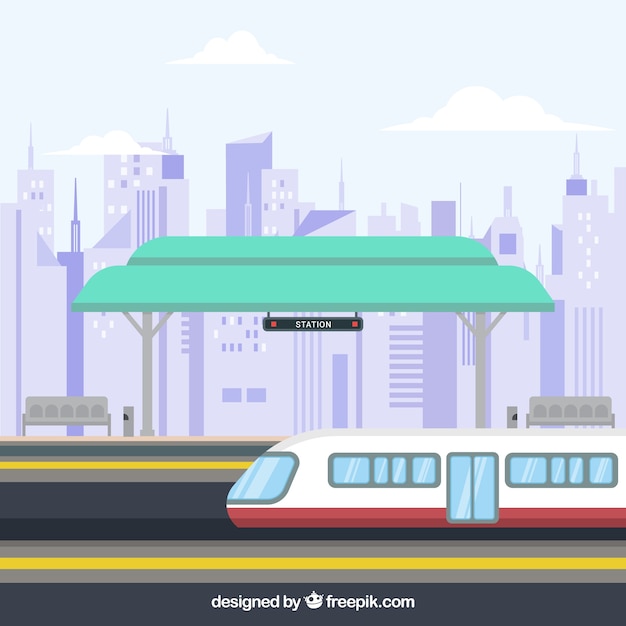 Vector gratuito estación de tren plana con edificios de fondo