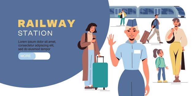 Estación de tren plana con niños y pasajeros adultos en la ilustración de vector de plataforma