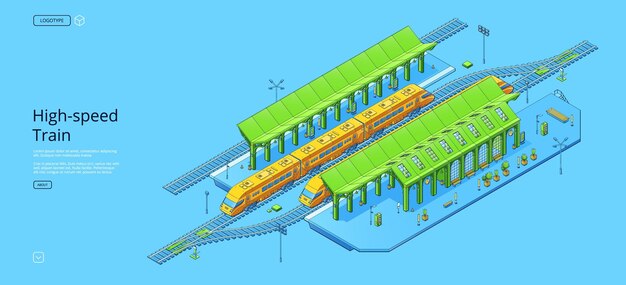 Estación de tren y tren de alta velocidad isométrica