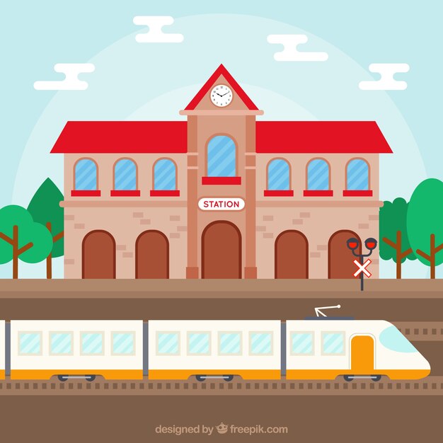 Estación de tren con tren moderno en diseño plano