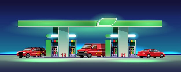 Estacionamiento de automóviles y camionetas para repostar en la estación de combustible