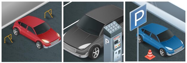 Estacionamiento de automóviles tres ilustraciones realistas demostraron diferentes variantes de ilustración de vector aislado de lugar de estacionamiento