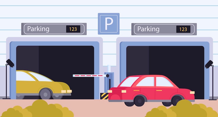 Vector gratuito estacionamiento de composición de color plano estacionamiento subterráneo con barreras en un centro comercial o centro de negocios ilustración vectorial