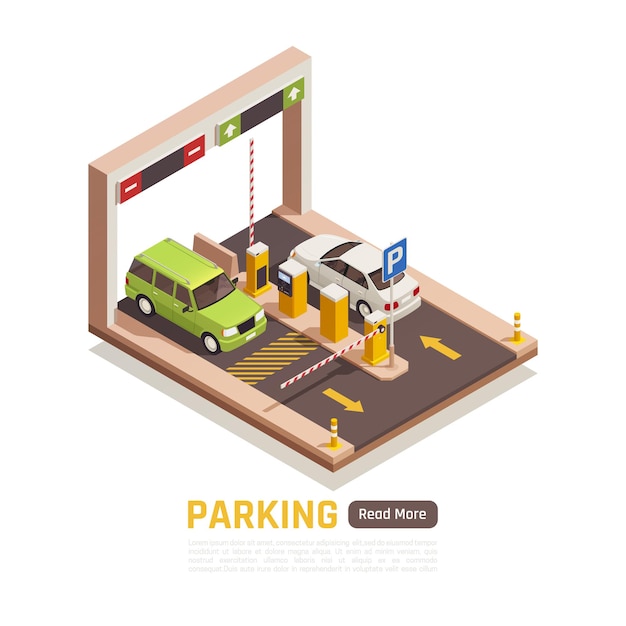 Estacionamiento garaje entrada salida automática puerta corredera máquina de billetes 2 coches isométrica