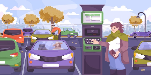 Vector gratuito estacionamiento paga composición plana con autos de paisaje de estacionamiento al aire libre y conductora tocando terminal de pago