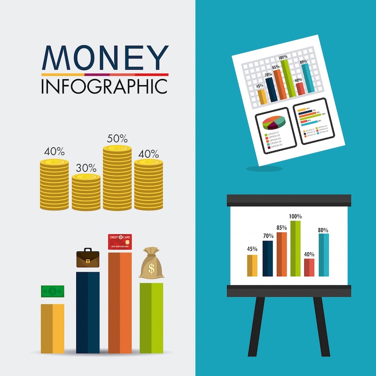 Vector gratuito estadísticas de crecimiento del negocio y ahorro de dinero.