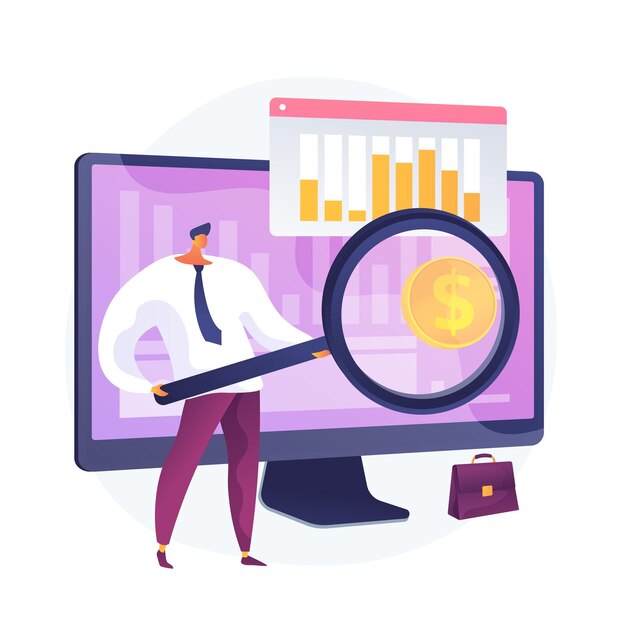 Estadísticas de desarrollo de la empresa. Análisis financiero, ingresos por inversiones, tasas de crecimiento. Corredor de bolsa, inversor analizando sectores económicos rentables. Ilustración de metáfora de concepto aislado de vector
