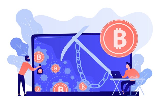 Estafador en máscara robando criptomonedas del grupo de minería en la computadora portátil. Minería oculta, bot minero y concepto de virus minero