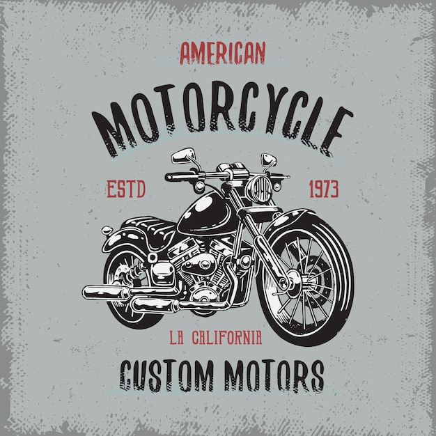 Estampado de camiseta con motocicleta dibujada a mano sobre fondo oscuro y textura grunge