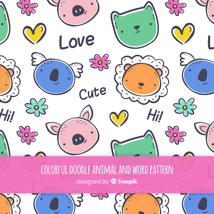 Vector gratuito estampado de garabatos de animales y palabras