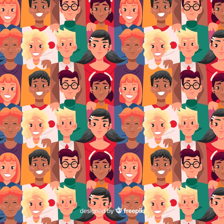 Vector gratuito estampado de gente joven sonriendo en diseño plano