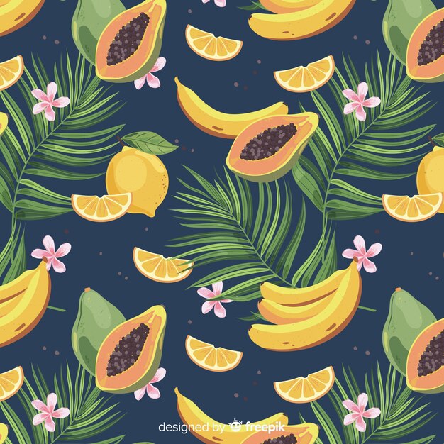 Estampado de palmeras y frutas tropicales