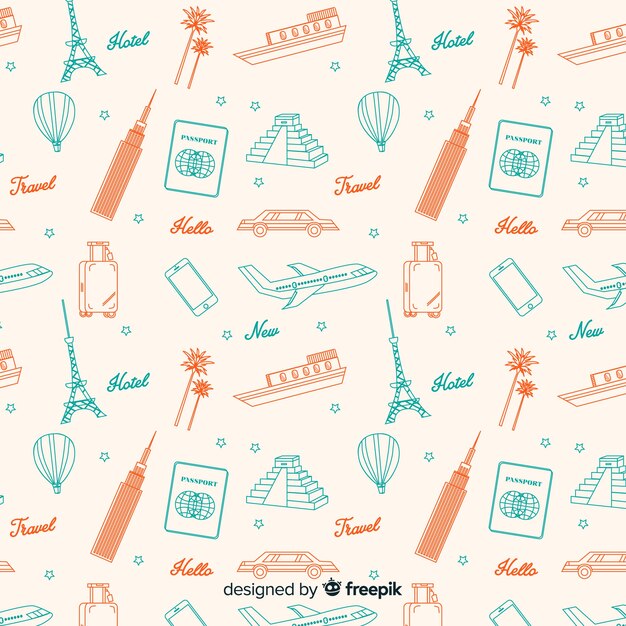 Estampado de viaje con elementos y líneas de trazos