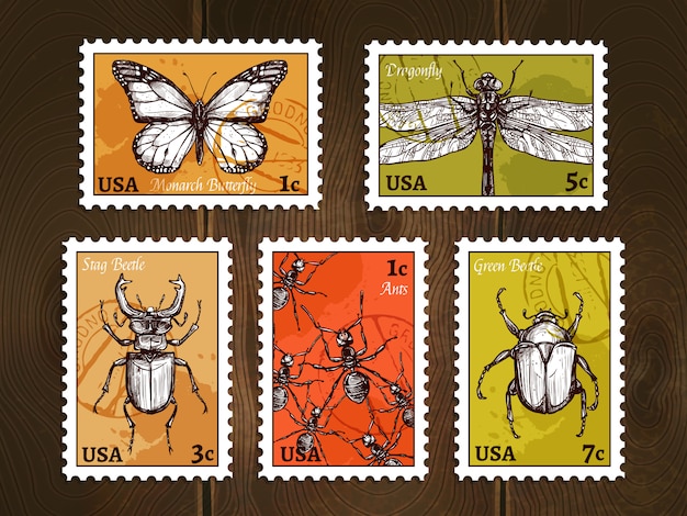 Vector gratuito estampillas con insectos bocetos conjunto