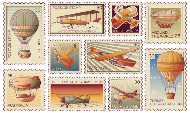 Estampillas postales de transporte de aviones retro vintage de aeronáutica con etiquetas de correo aisladas con ilustración de vector de texto y valor