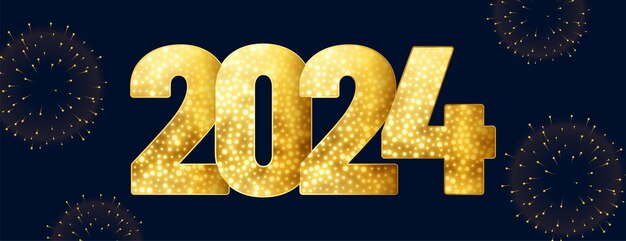 Estandarte de año nuevo dorado brillante de 2024 con vector de celebración de fuegos artificiales