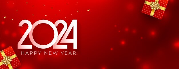 Estandarte festivo de invierno del año nuevo 2024 con diseño realista de caja de regalos