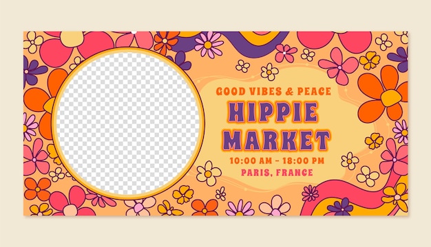 Estandarte horizontal del mercado hippie dibujado a mano