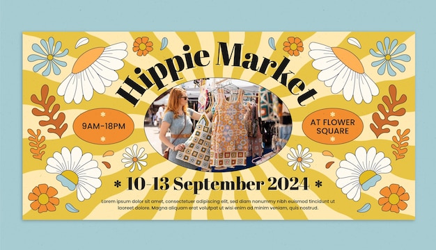 Estandarte horizontal del mercado hippie dibujado a mano