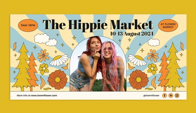 Estandarte horizontal del mercado hippie dibujado a mano