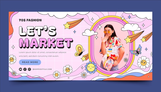 Estandarte horizontal del mercado hippie de diseño plano
