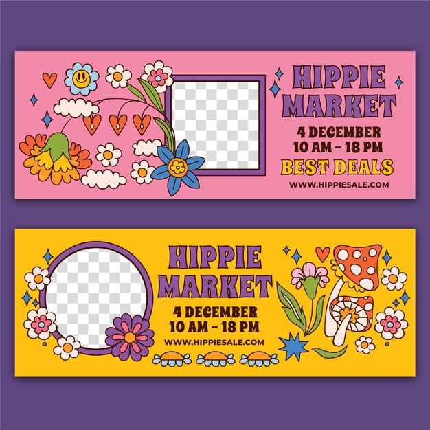 Estandarte del mercado hippie dibujado a mano