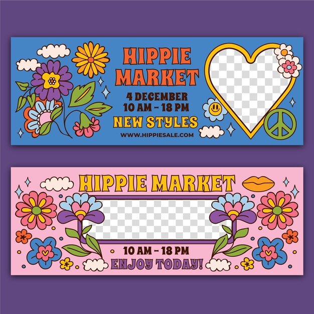 Estandarte del mercado hippie dibujado a mano