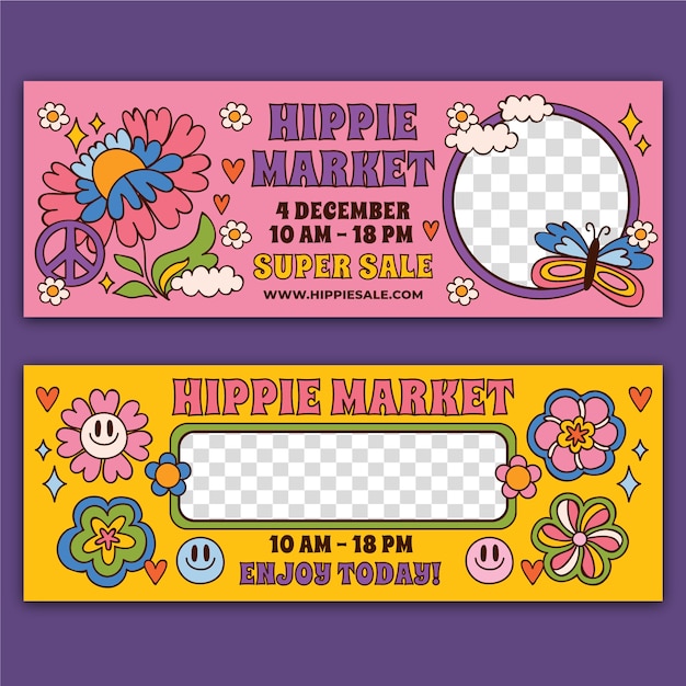 Estandarte del mercado hippie dibujado a mano