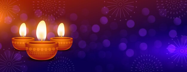 estandarte púrpura de Diwali brillante con espacio de texto y efecto bokeh