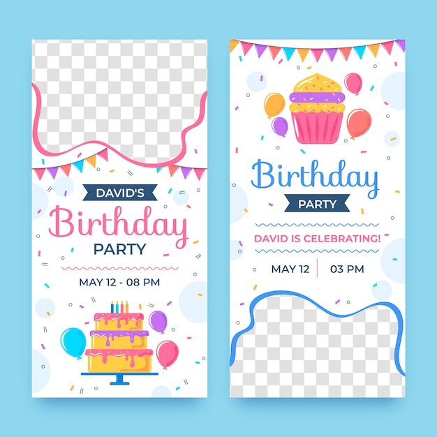 Estandarte vertical de celebración de cumpleaños de diseño plano