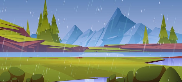 Estanque de montañas o lago en el día lluvioso paisaje natural Paisaje picos de roca campo de hierba verde y superficie de agua bajo la lluvia caída del cielo opaco fondo natural pintoresco Ilustración vectorial de dibujos animados