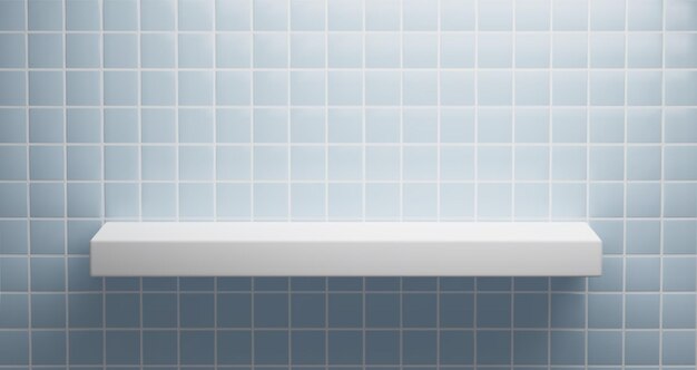 Estante blanco en pared azul pastel con azulejos cuadrados