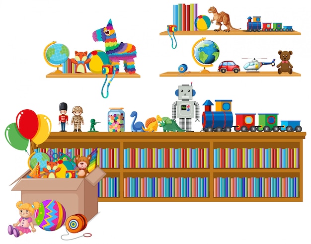 Vector gratuito estante lleno de libros y juguetes en blanco