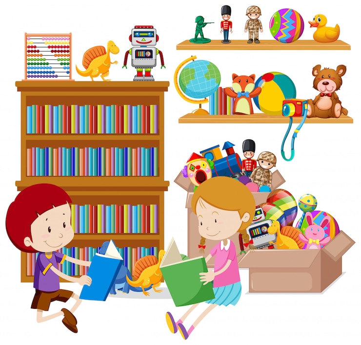 Vector gratuito estante lleno de libros y juguetes en blanco